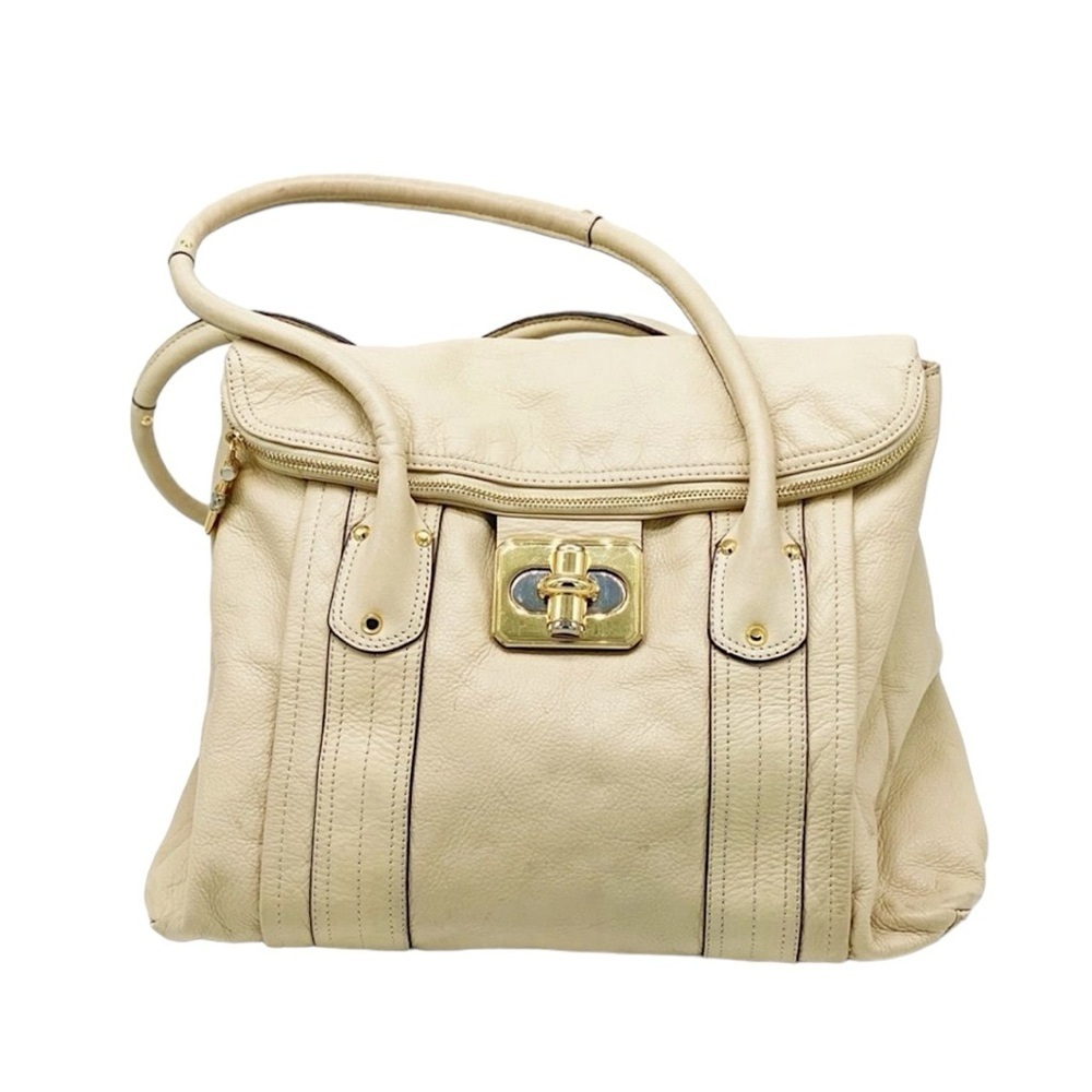 B. Makowsky Oversized Cream Leather Tote Bag Gold Hardware Large Shoulder Purse